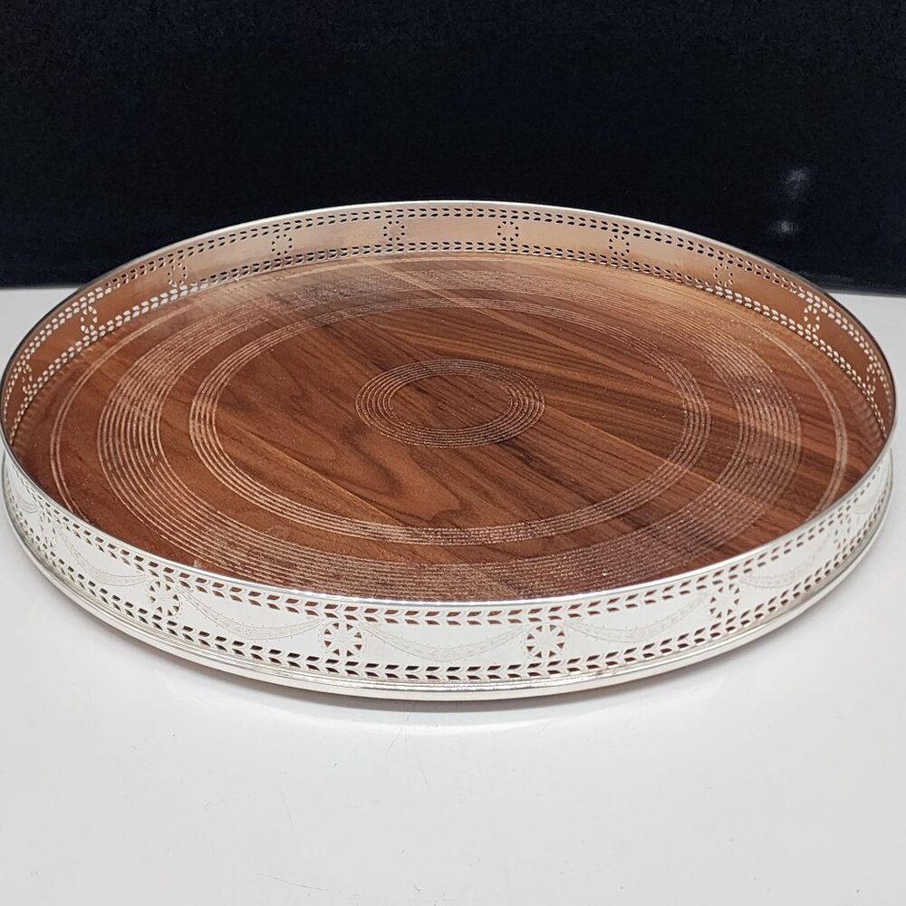 VTG Round Serving Tray Silver Plate Wooden Center Pierced Floral Pattern 14.5"